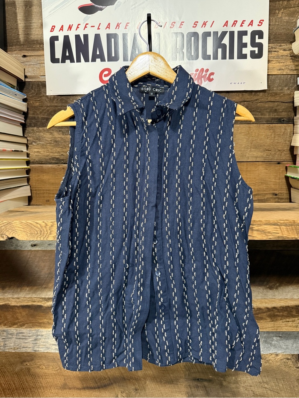 Boho Chic Navy Sleeveless Button-Up Tank with Ivory Stitching